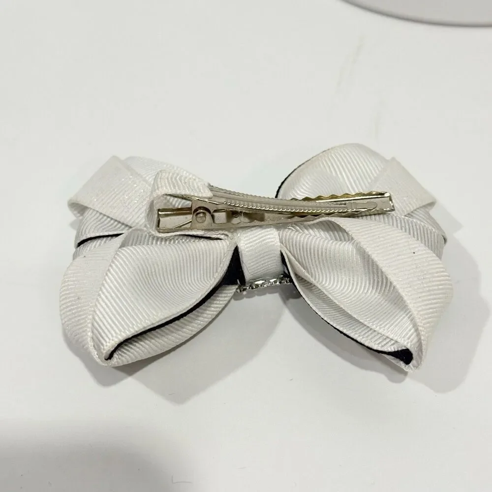 Hair Bow Clip Hairpin For Girls White And Blue Polka Dot New